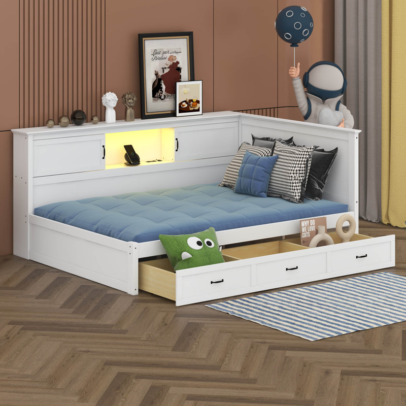 L-Shaped Bed Frame With Drawer And Bookcase, Corner Bed Wooden Captain Bed With Led Downlight And USB Port, Full