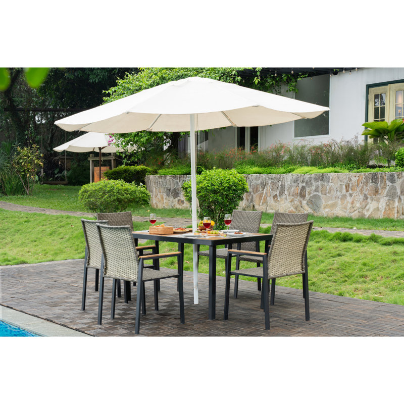 Ensemble de table de salle à manger 7 pièces avec patio en bois d'acacia et rotin PE