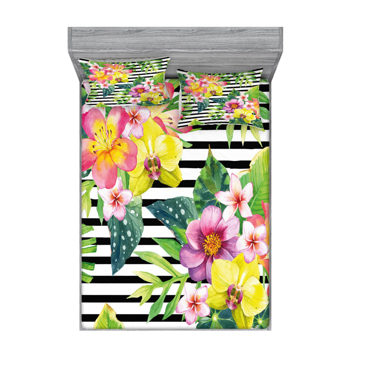 Microfiber Floral Sheet Set, Full/Double Sheet Set with Fitted Sheet, Traditional Kimono Floral