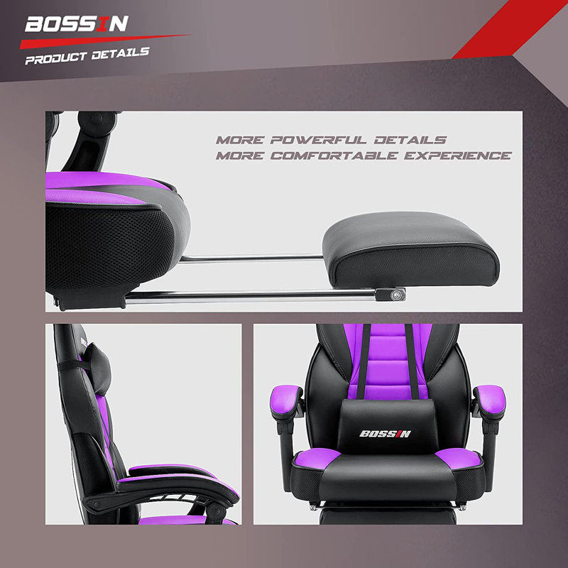 Bossin Purple and Black Faux Leather Gaming Chair with Footrest