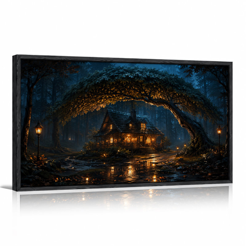 Cabane illuminée sous un arbre voûté dans la forêt - Toile murale d'Halloween, 58“W x 28”H