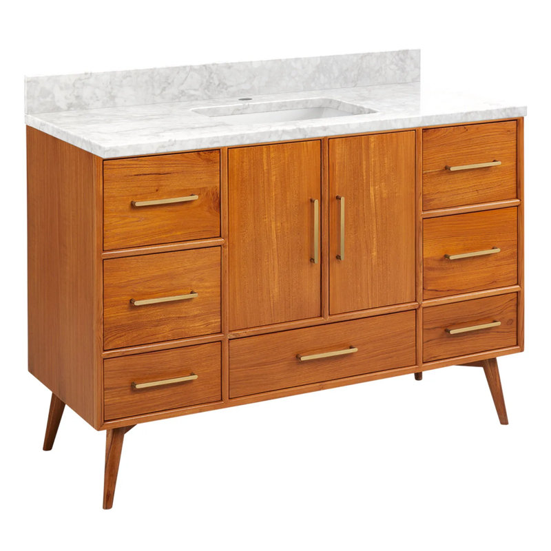 48" Novak Single Bathroom Vanity Set with Rectangular Undermount Sink, Natural Teak, Carrara Marble, Single-Hole Centered