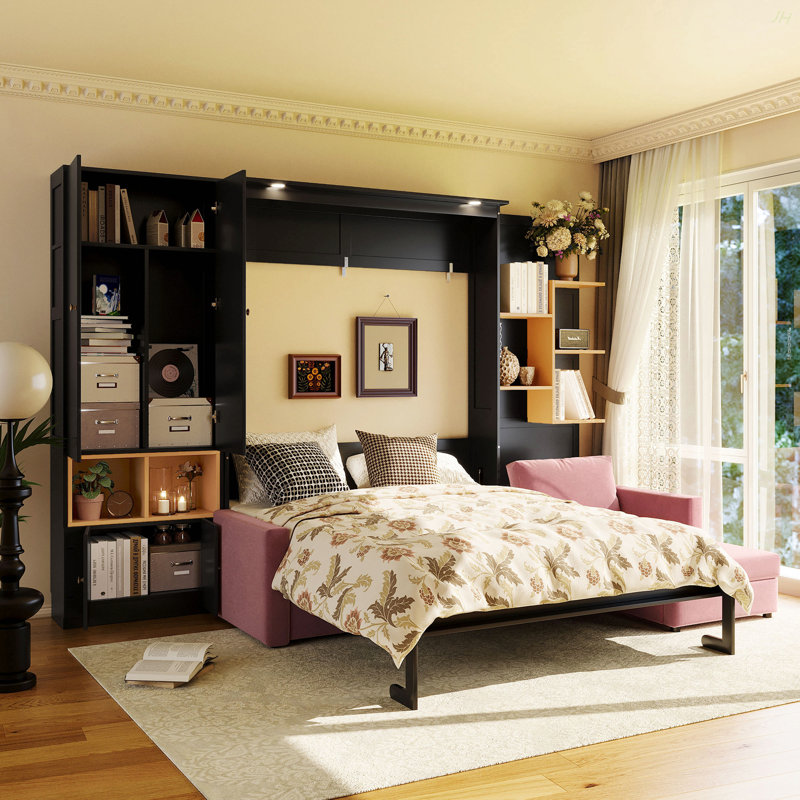 Queen Size Murphy Bed With Large Sofa, Storage Shelves & Cabinets, Modern Space-Saving Wall Bed With Dual Lights-Black & Pink Sofa