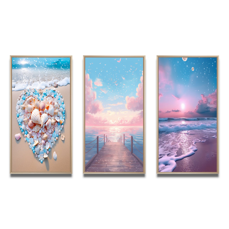 Cœur rose et turquoise sur la plage - ensemble de 3 reproductions, Cadre naturel flottant, H 20 po x l 36 po