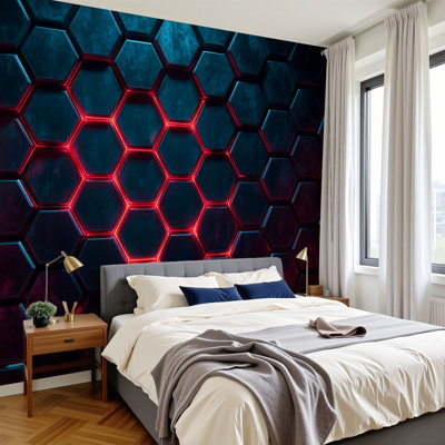 Peel and Stick Wallpaper Honeycomb Wall Blue Red Glow Wall Murals 100"H x 144"W Removable PVC Wall Paper Self-Adhesive Wall Decor for Bedroom Living Room Home Office
