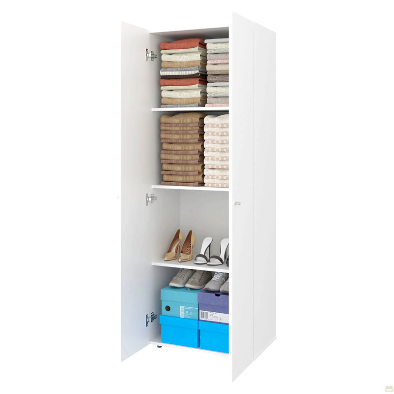Grande armoire-penderie blanche à 2 portes avec 4 tablettes et rangement vertical