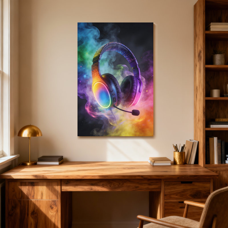Abstrait casque coloré avec fond arc-en-ciel lueur et fumée