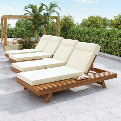 Acacia Wood Chaise Lounge with Headrest and Beige 3-Fold 4-Inch Cushion