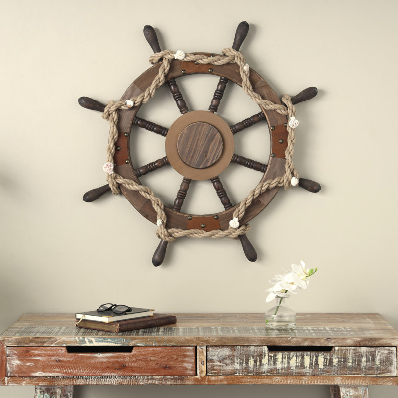Cole And Grey Wood Handmade Ship Wheel Wall Decor With Rope And Shell Accents