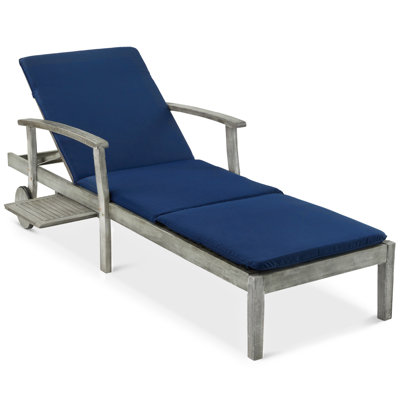 79X26in Acacia Wood Outdoor Chaise Lounge Chair W/ Adjustable Backrest, Table, Wheels