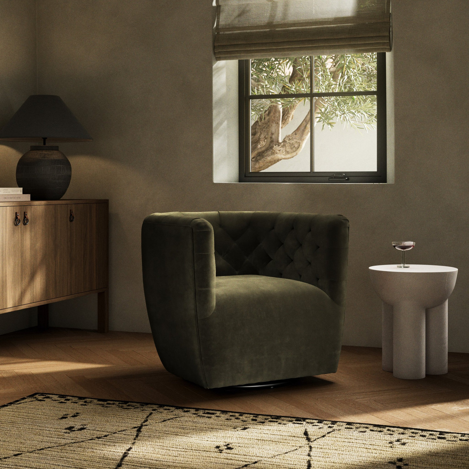 Bari Swivel Barrel Chair, Surrey Olive