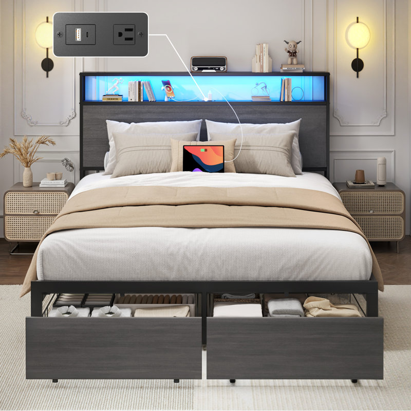Full Bed Frame with Storage Drawers , Metal Bed Frame with 2-Tier Storage Headboard & Built-in Charging Station & LED, Noise-Free, No Box Spring Needed, Easy Assembly, Grey