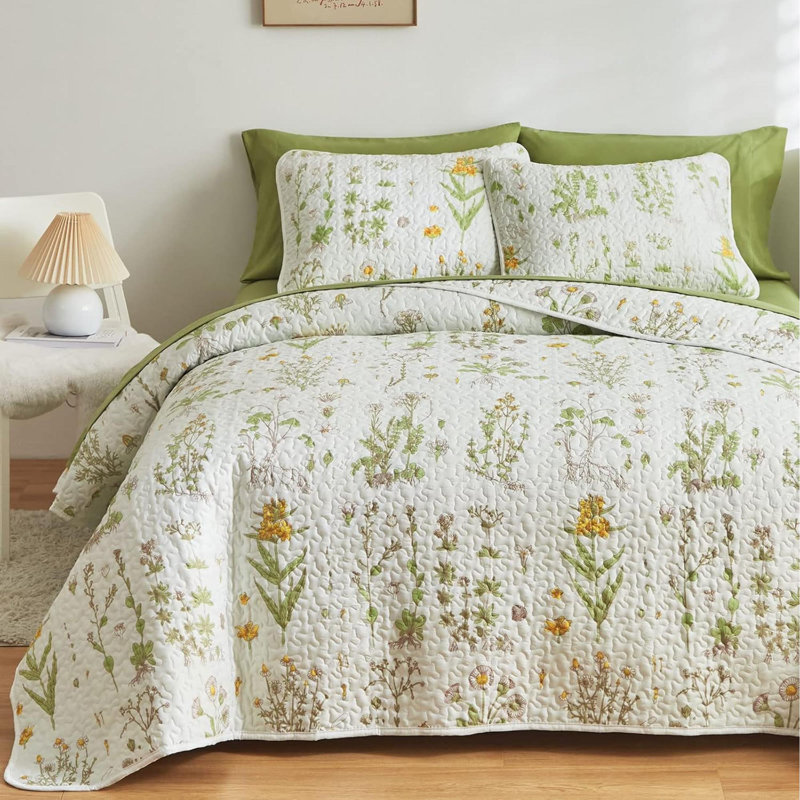 Ensemble de courtepointe réversible 3 pièces, courtepointe douce en microfibre, motif botanique feuilles, couvre-lit toutes saisons, 1 courtepointe et 2 taies d'oreiller