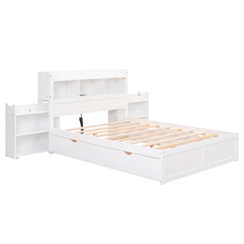 Lit plateforme double avec tablettes coulissantes, lit gigogne simple et 2 tiroirs, blanc