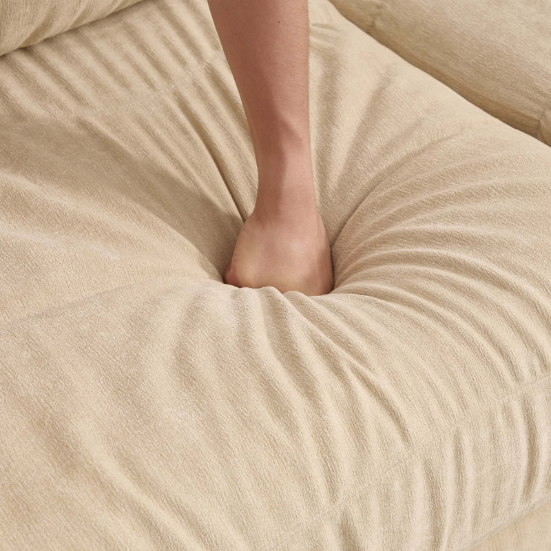Canapé d'angle modulaire 4 places en chenille à détails froncés, 2 poufs amovibles, mousse haute densité, coussins de dossier épais