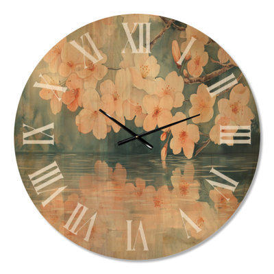 Oversized Botanical Non-Ticking Wood Wall Clock – Floral Blossom Reflection
