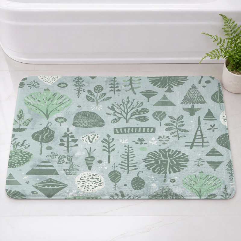 Tapis de bain illustré d'une illustration botanique abstraite, 34 po L x 21 po L, Vert moyen / gris clair