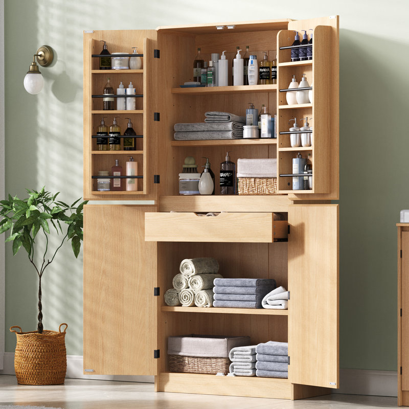 Armoire garde-manger courbée de 72 po avec tablettes et tiroir Nelson, Naturel