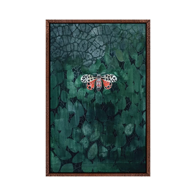 Moth On Leaves by Miri Eshet - Painting on Canvas, 66.04 cm H x 45.72 cm W, Classic Brown Wood Framed
