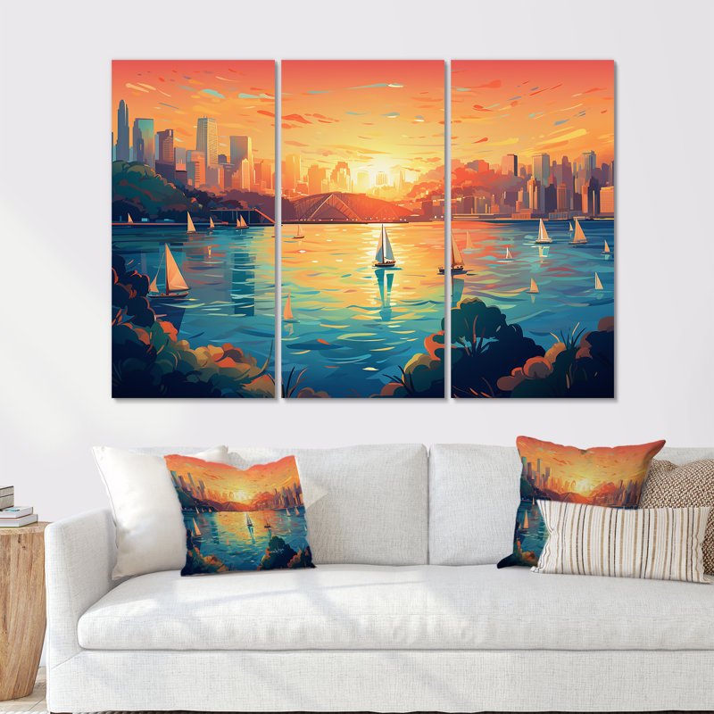 Sydney Harbour, coucher de soleil, côtes I - art mural côtier paysage portuaire, Toile tendue, H 40 po x l 61 po x P 1 po