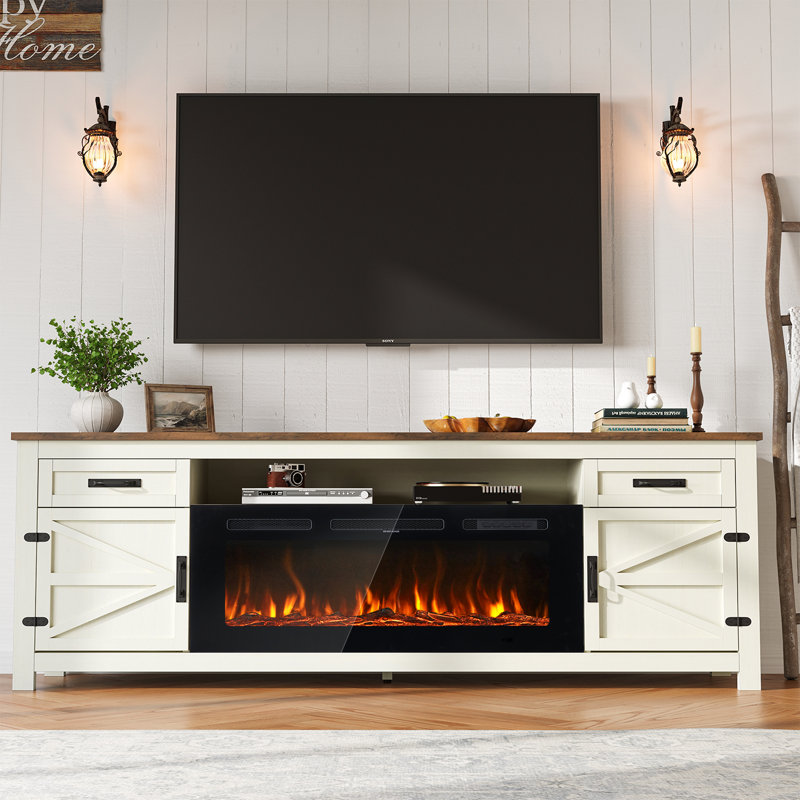Farmhouse Fireplace Tv Stand With 36" Electric Fireplace,  Wood Entertainment Center for TVs up to 80"/90",  TV Console Table with Drawers & Cabinets
