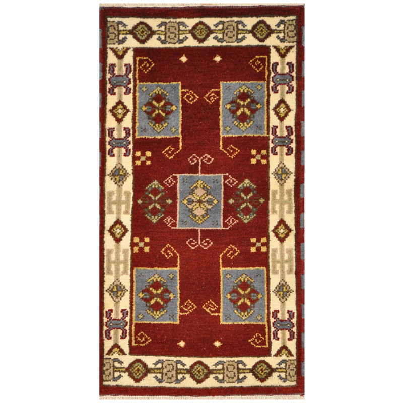 Tapis beige / rouge en laine noué à la main de conception unique 2 pi 1 po x 4 pi 1 po Fakieh