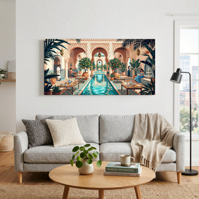 Ensemble d'un tableau sur toile représentant une cour marocaine