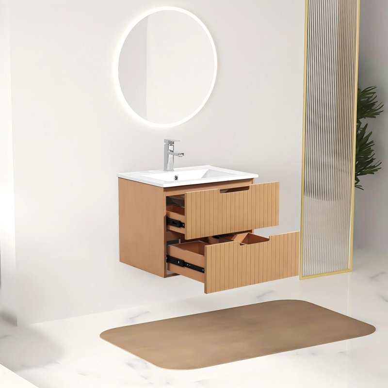 Meuble-lavabo mural 24 po avec comptoir en céramique, meuble-lavabo simple 24 po et 2 tiroirs, Brun