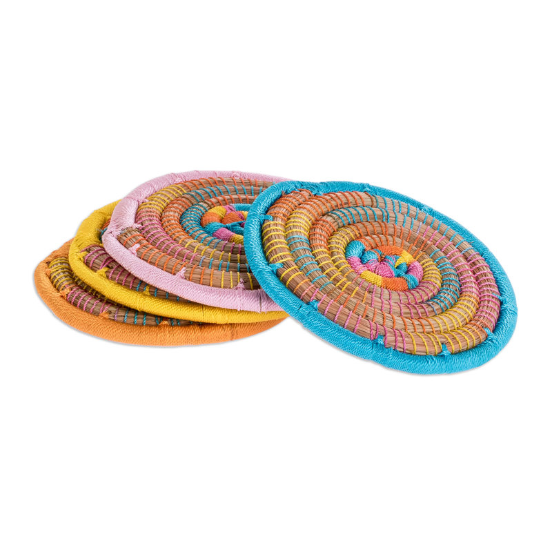 Ensemble de 4 sous-verres à aiguilles faits à la main, Bleu / rose / jaune / orange