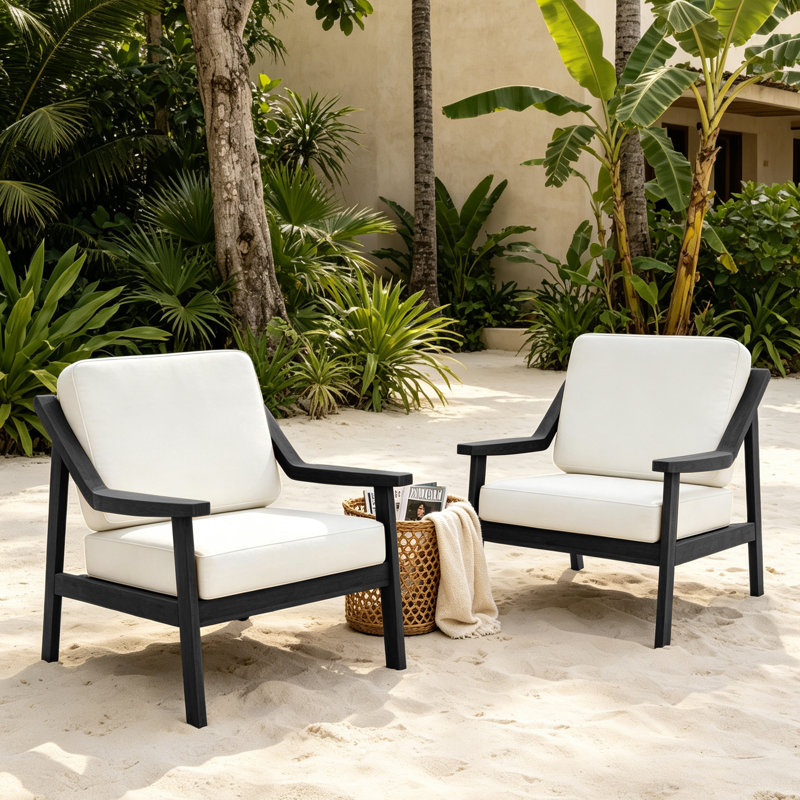 Marlo Solid Wood Teak Outdoor Lounge Chairs With Cushion And Arms, Beige, Black