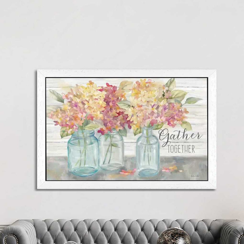 Farmhouse Hydrandeas In Mason Jars Spice -Gather by Cynthia Coulter - Floater Frame Painting on Canvas, White