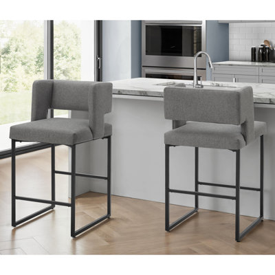 Ensemble de 2 tabourets de bar de hauteur comptoir, revêtement en tissu gris, structure en métal noir, chaises de cuisine modernes et contemporaines
