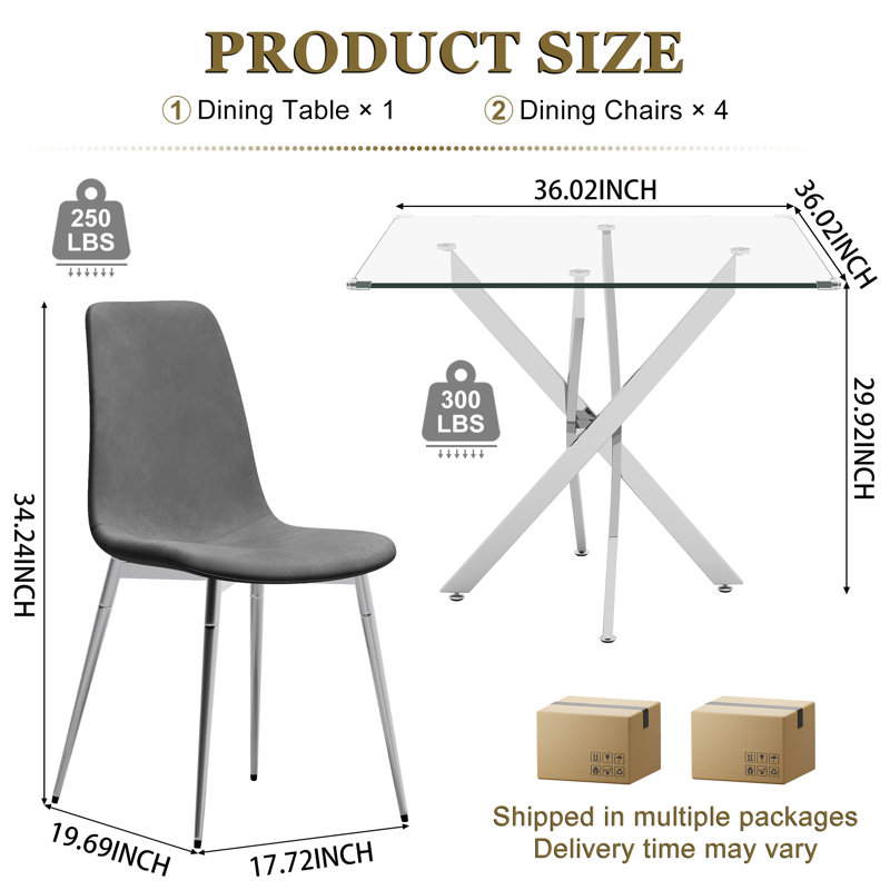 36" Square Glass Dining Table Set, Modern Stainless Steel Cross-Leg Base With 4 Velvet Upholstered Chairs, Silver/Gray/Silver