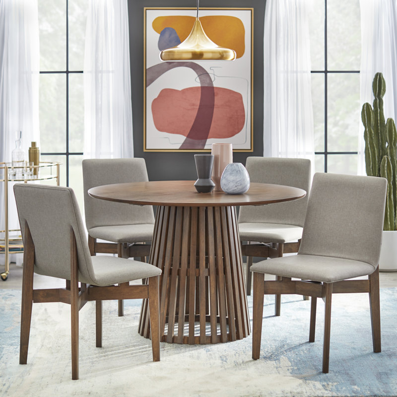 Parisi Pedestal Dining Set, 5 Pieces: 1 Table, 4 Chairs, Walnut