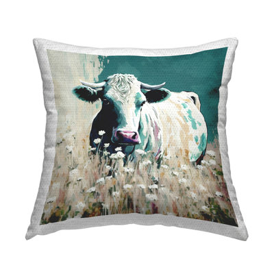 Modern Cow in Meadow Outdoor Printed Pillow by Seven Trees Design
