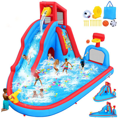 Parc aquatique gonflable avec glissade d'eau pour enfants de 3 à 10 ans Adam, glissade d'eau avec ventilateur 470W, glissade d'eau avec piscine, glissade longue, piscine, mur d'escalade, tunnel, bassin verseur, cerceau, canon à eau