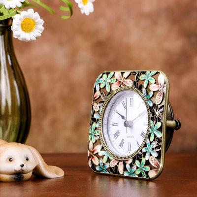Roman Numeral Metal Quartz Movement / Crystal Tabletop Clock Colorful Flowers
