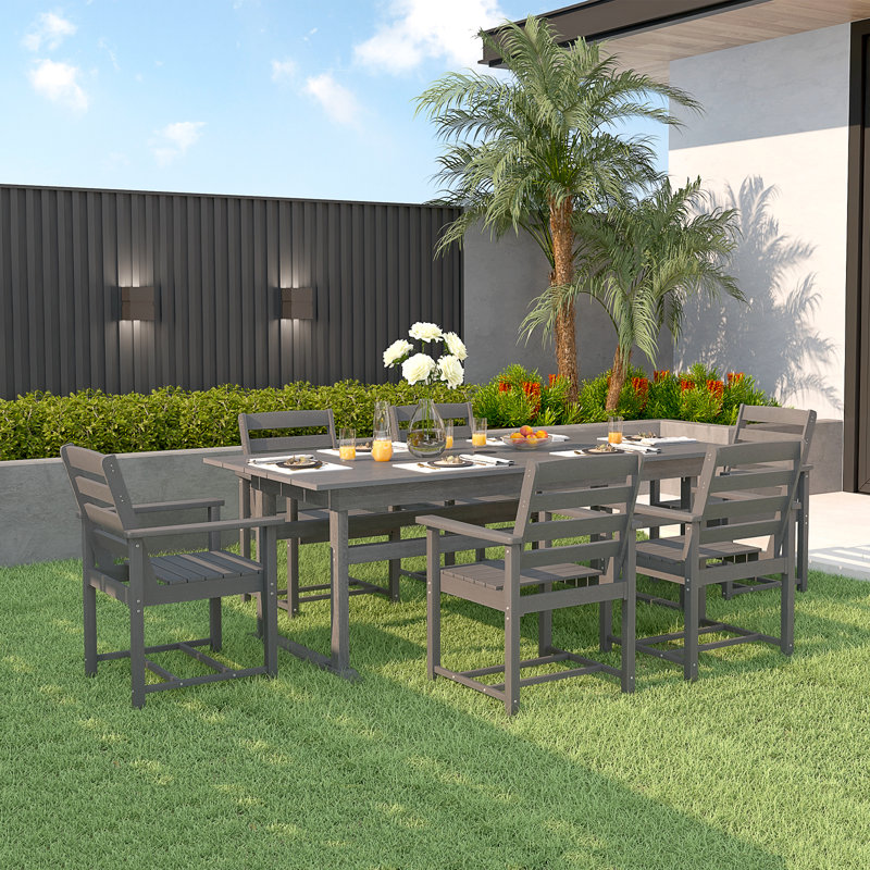 7-Piece Outdoor Dining Set, HDPE Poly Lumber Patio Furniture, 6-Person Rectangular Table with Umbrella Hole, All-Weather Heavy Duty Slatted Design, Fade-Resistant