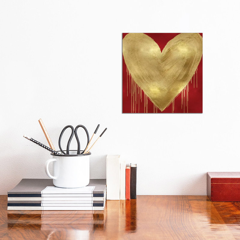 Big Hearted Gold On Red by Lindsay Rodgers - Wrapped Canvas Print, 30.48 cm H x 30.48 cm W