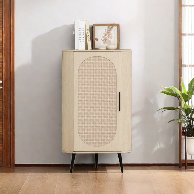 Corner Cabinet ,Rattan Door,Freestanding Corner Tables For Small Spaces, Corner Shelf Stand For Living Room, Kitchen, Bathroom, Bedroom