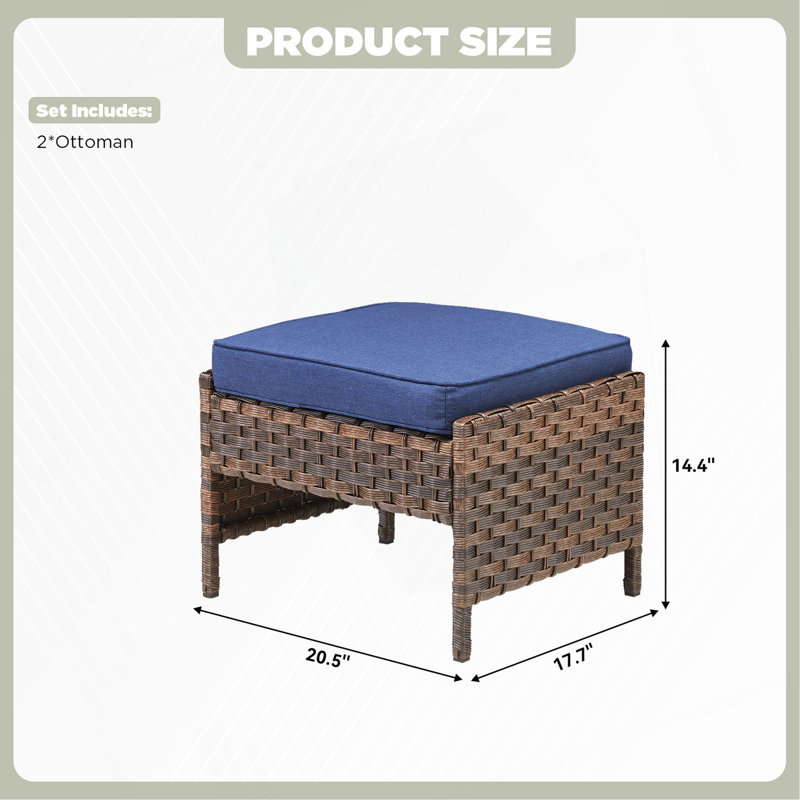 Ensemble de 2 repose-pieds d'extérieur en rotin brun avec coussin pour la cour ou la terrasse, Bleu