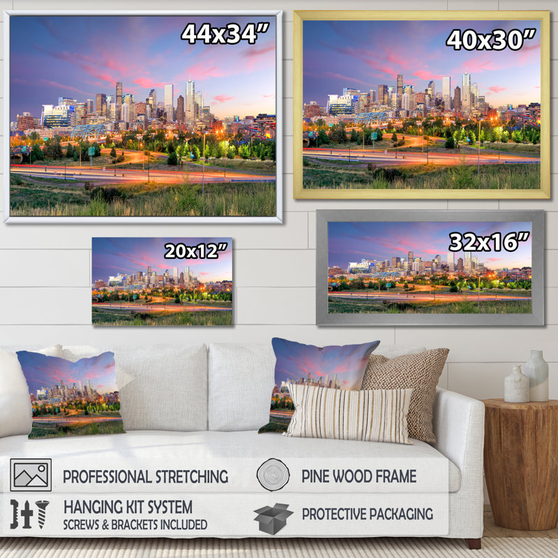 Panorama de l'horizon de Denver - décor mural paysages, Cadre flottant doré, H 12 po x l 20 po x P 1 po