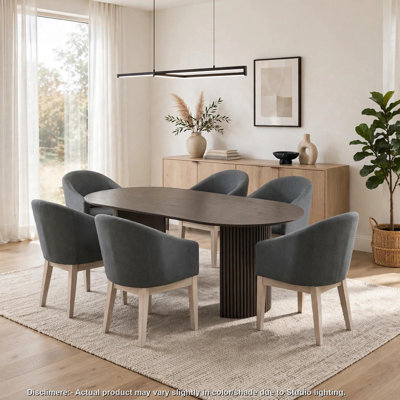 Beny 7pc Oval Dining Table Set, Fluted Pedestal Base, Wood, Gray Fabric