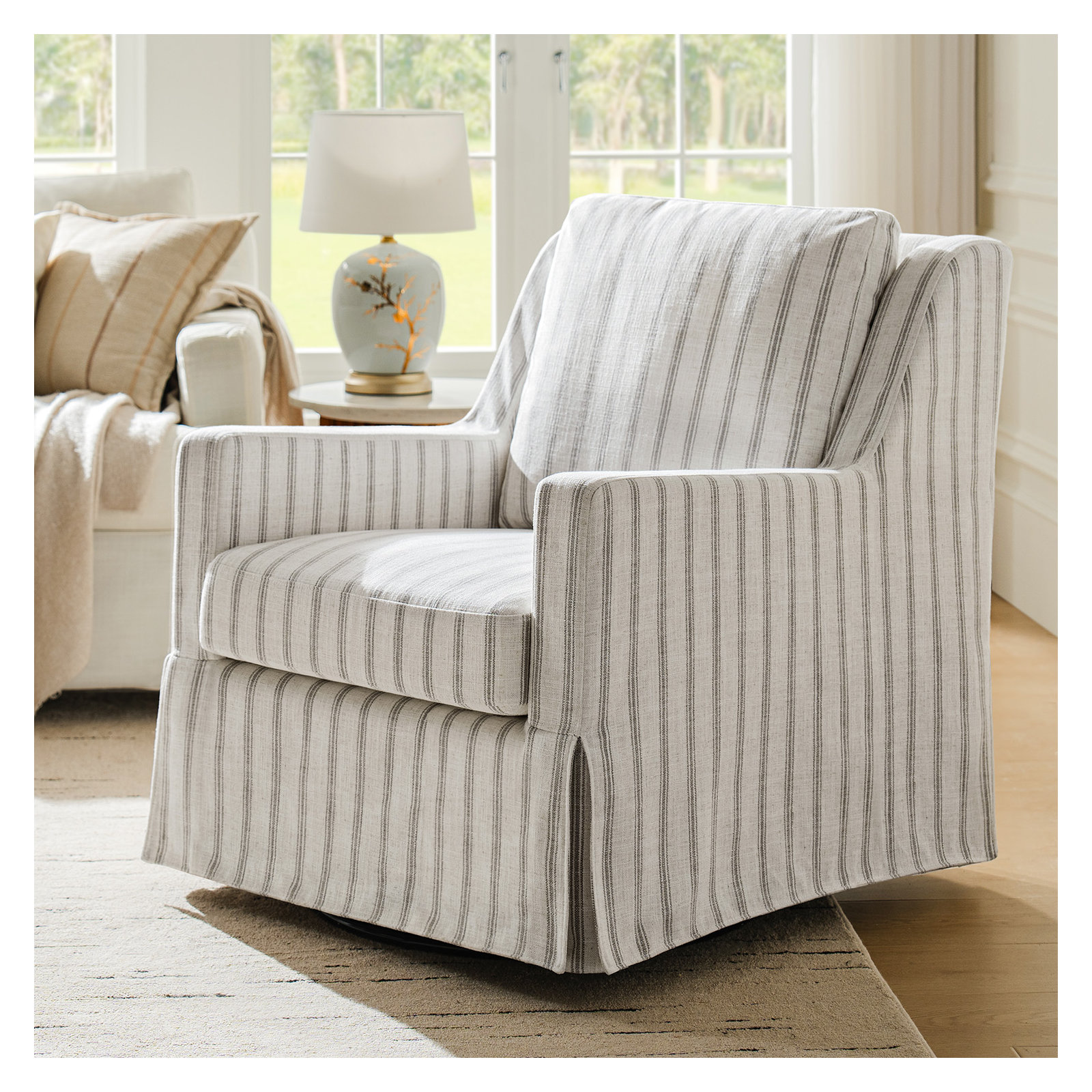 Minni Farmhouse Swivel Rocking Chair, Gray Striped