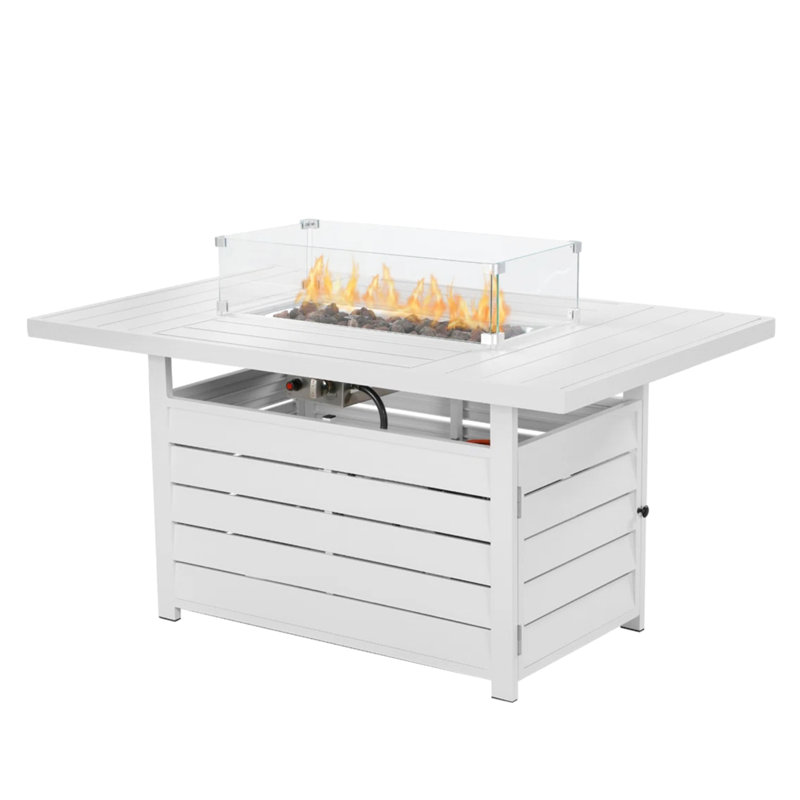 54.3", Propane Fire Pit Table, White Aluminum, 50000 , Stainless Burner, Lava Rock, Glass Wind Guard, Winter Warmth Aluminum Rectangular Comes With Hidden Tank Storage And Waterproof Cover, Ideal For