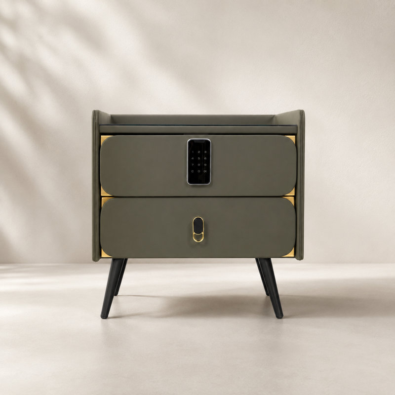 20 Inch Tall Green & Beige Modern Luxury Smart Two Drawer Nightstand with Password Lock Wireless Charging and Black Legs for Bedroom