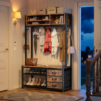 Portemanteau autoportant avec 3 tiroirs en tissu, banc d'entrée avec rangement pour chaussures et portemanteau avec 12 crochets pour le couloir
