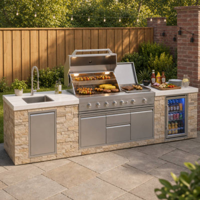Akoah 7-Burner Gas Grill Modular Outdoor Kitchen Island with Refrigerator & Sink