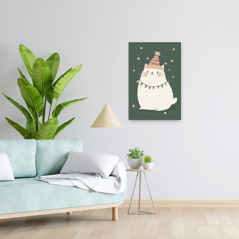 Festive Cat With Lights Contemporary Cat Winter Wall Art Print 1 Piece Wrapped Canvas Wall Art, 60.96cm H x 40.64cm W