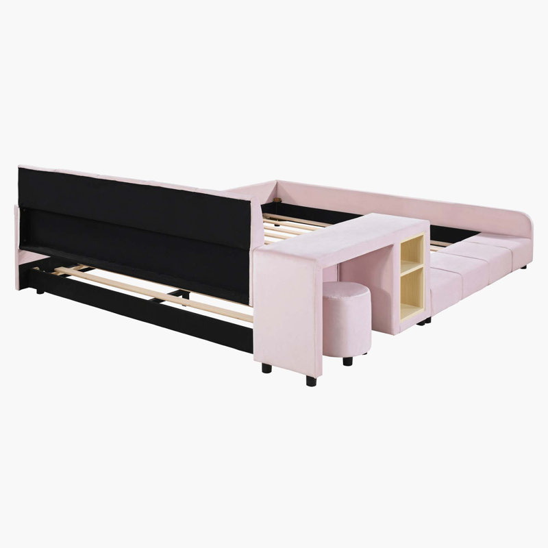 Ivyn Upholstered Platform Storage Bed,Bed Frame, Grounded Bed, Mother & Child Bed with Bedside Desk and Little Round Stool